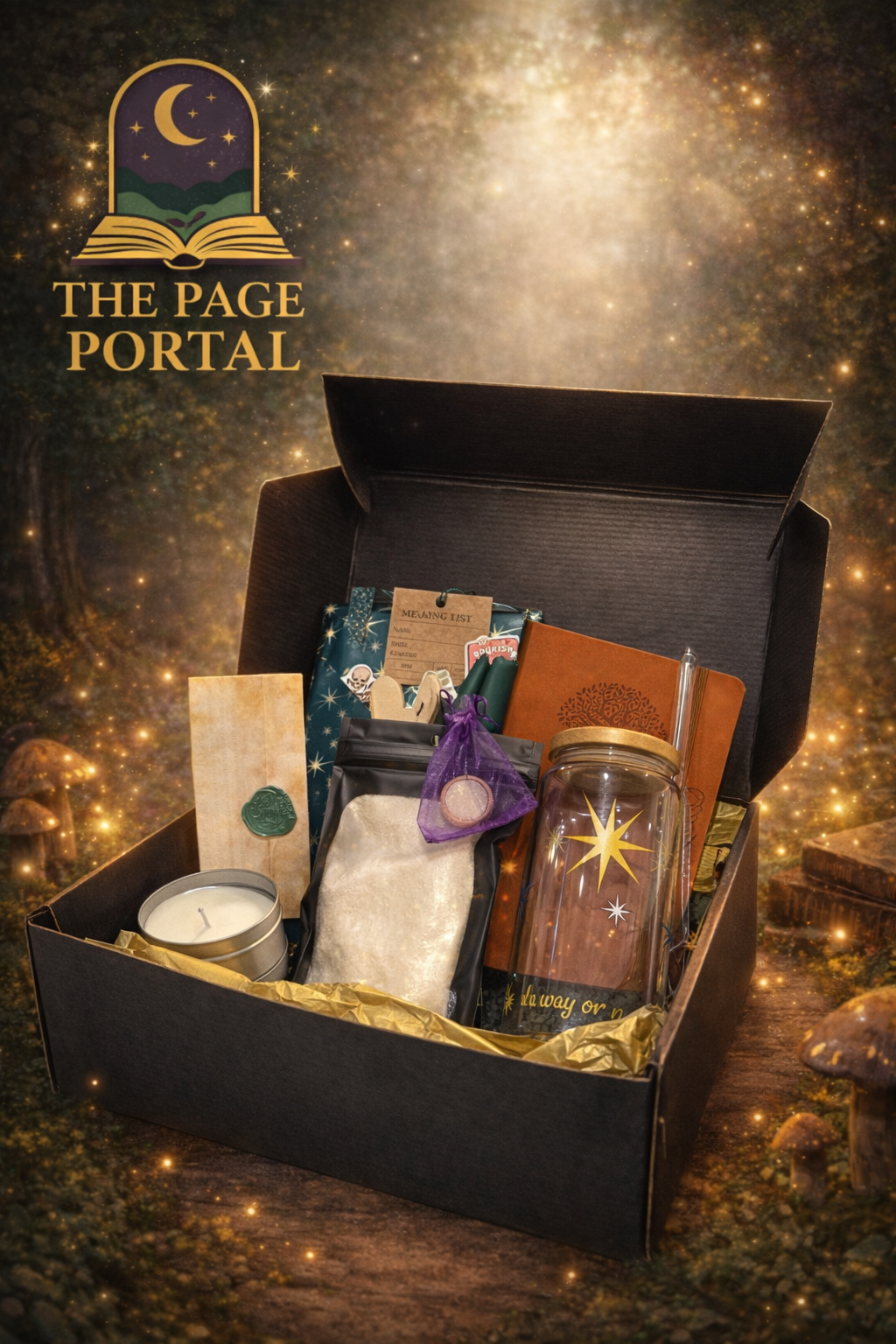 Gift box with various items on a mystical background with 'The Page Portal' logo.